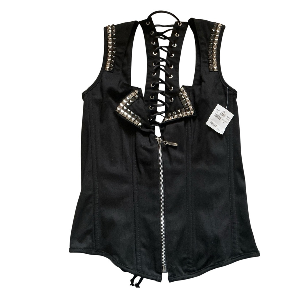 Vtg gothicFredericks of Hollywood black lace up corset zip front studded Y2K